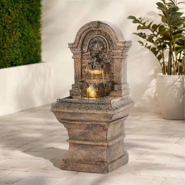 Lifeideas Antique Brown Lion Head Solar Cascade Outdoor Water Fountain