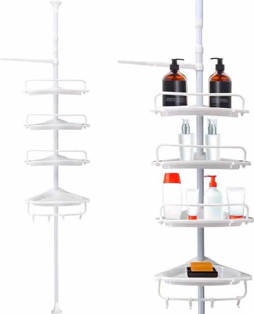 KORVIXA White 4 Tier Telescopic Wall Mounted Corner Bathroom Shelf with Adjustable Shelves