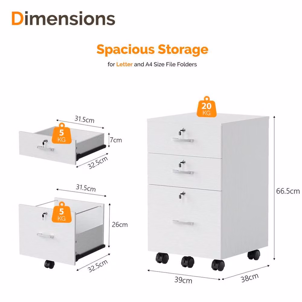 EONLION White Wooden 3-Drawer Rolling File Organiser Cabinet with Castors – 2