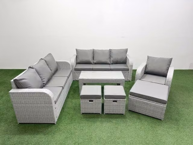 Fimous 10 Seater Poly Rattan Garden Furniture Set in Grey with 3 Seater Sofas, Reclining Chairs, Stools, and Oblong Coffee Table