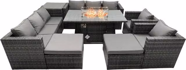 Fimous 10 Seater Rattan Garden Furniture Firepit Dining Set with Lounge Sofa, Table, Side Table and 2 Footstools in Dark Grey – 1