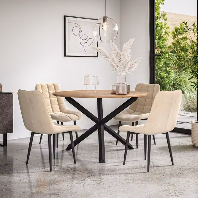 More4Homes Malvern Round Oak Effect Dining Table Set with 6 Beige Nova Velvet Chairs and Black Oak Legs, W/D/H: 120 x 120 x 75 cm