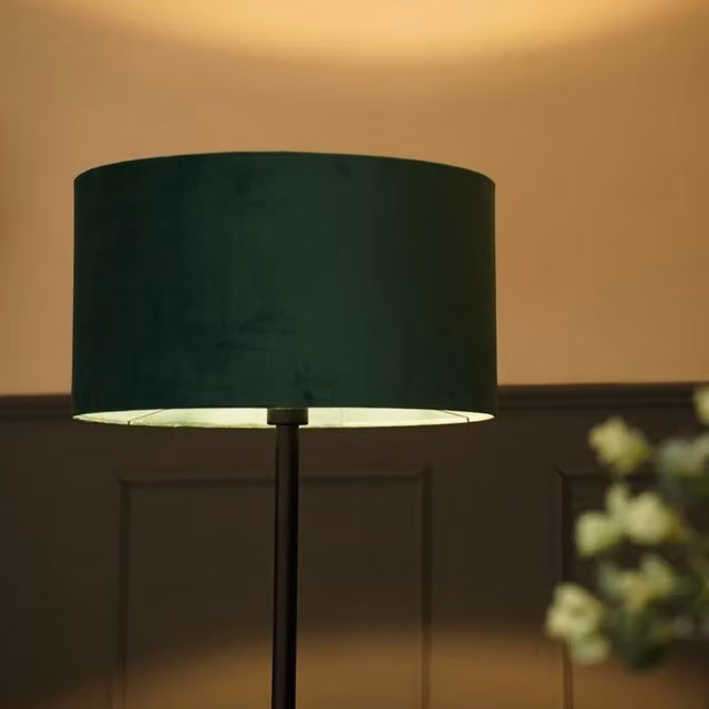ValueLights Charlie Black Stem Floor Lamp with Green Velvet Cylinder Shade