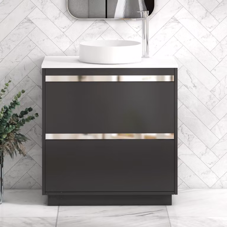 Royal Bathrooms Orion 800mm Matt Obsidian Black Floor Standing Vanity Unit with Plain White Countertop, 2 Drawers and Art Basin with Chrome Accent Trim
