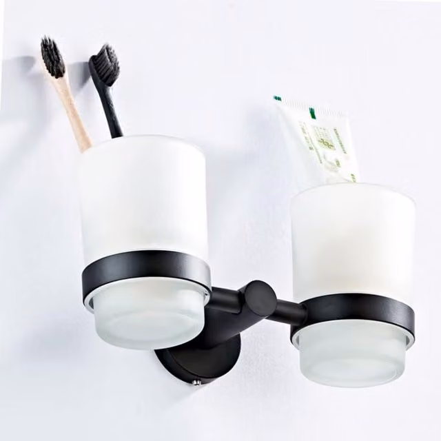 Nes Home Modern Round Double Tumbler Holder in Black Matte Stainless Steel