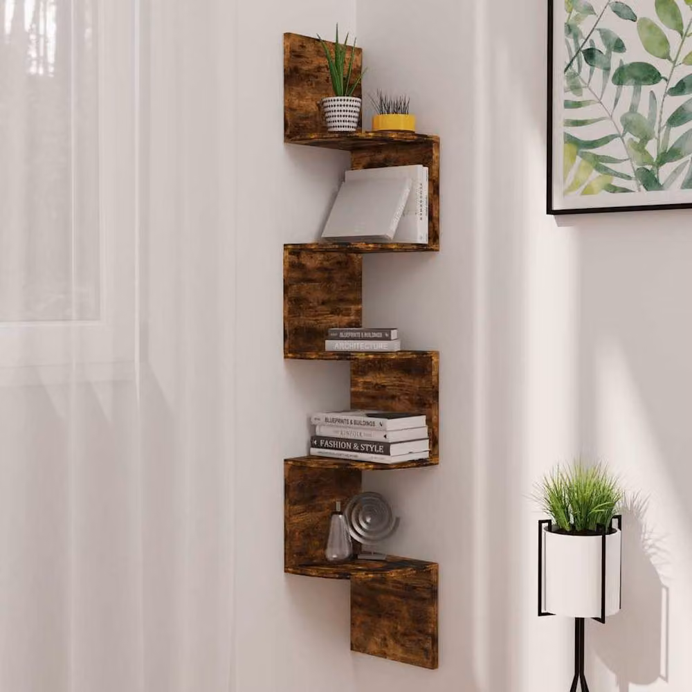 Berkfield Home Wall Mounted Corner Shelf in Smoked Oak Brown, W/D/H: 19 x 19 x 123 cm – 2