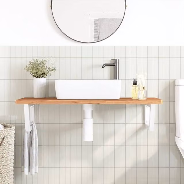 Berkfield Home Elegant Wall Mounted Basin Shelf in Brown Steel and Solid Beech Wood
