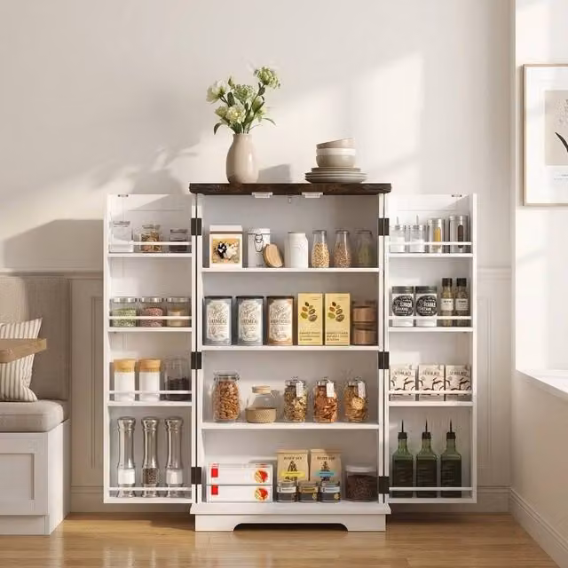 STILVORA Freestanding Kitchen Storage Cabinet with Hinged Doors and Internal Shelves in White and Wood Effect