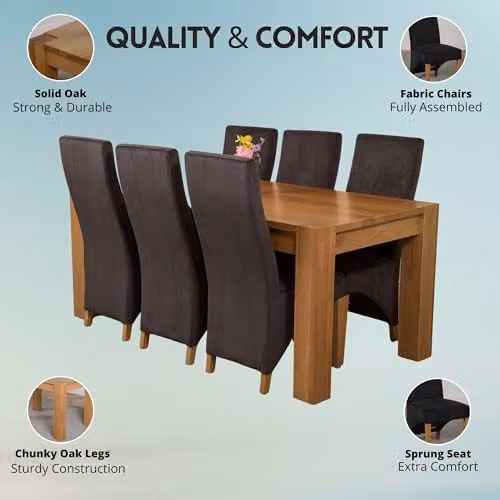 Thats Furniture Kuba Solid Oak Dining Table and 6 Lola Upholstered Black Fabric Chairs Set, W: 180 cm, D: 90 cm – 2