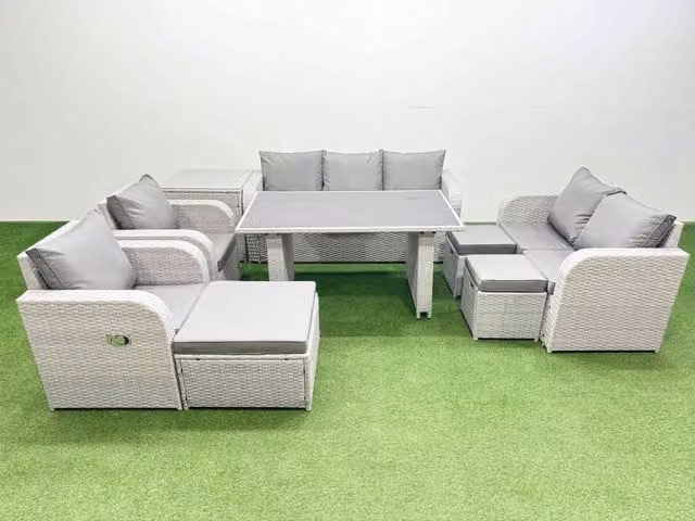 Fimous 10 Seater Garden Furniture Set with 3 Stools and Side Table in Light Grey