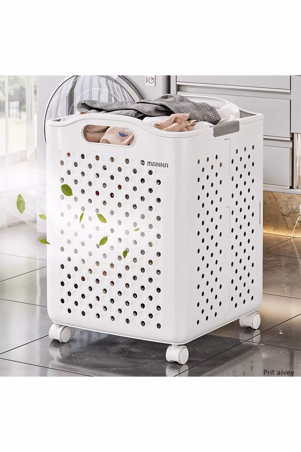 Living and Home Foldable Rolling Laundry Basket with Wheels, White – 2