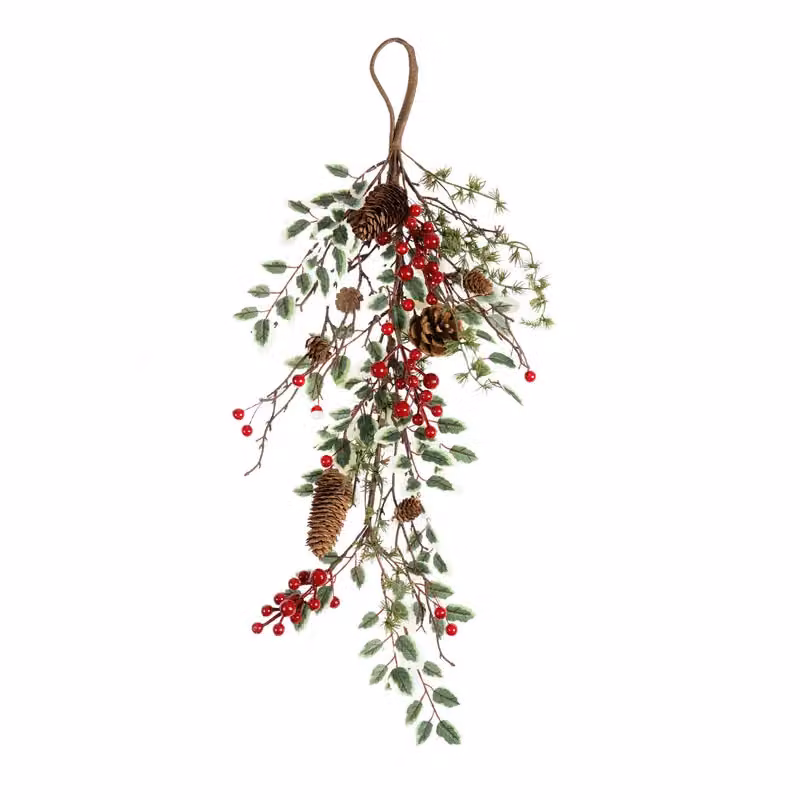 Scottish Everlastings Ltd Green and Red Variegated Leaf and Berry Teardrop Wreath Swag, 70 cm – 2