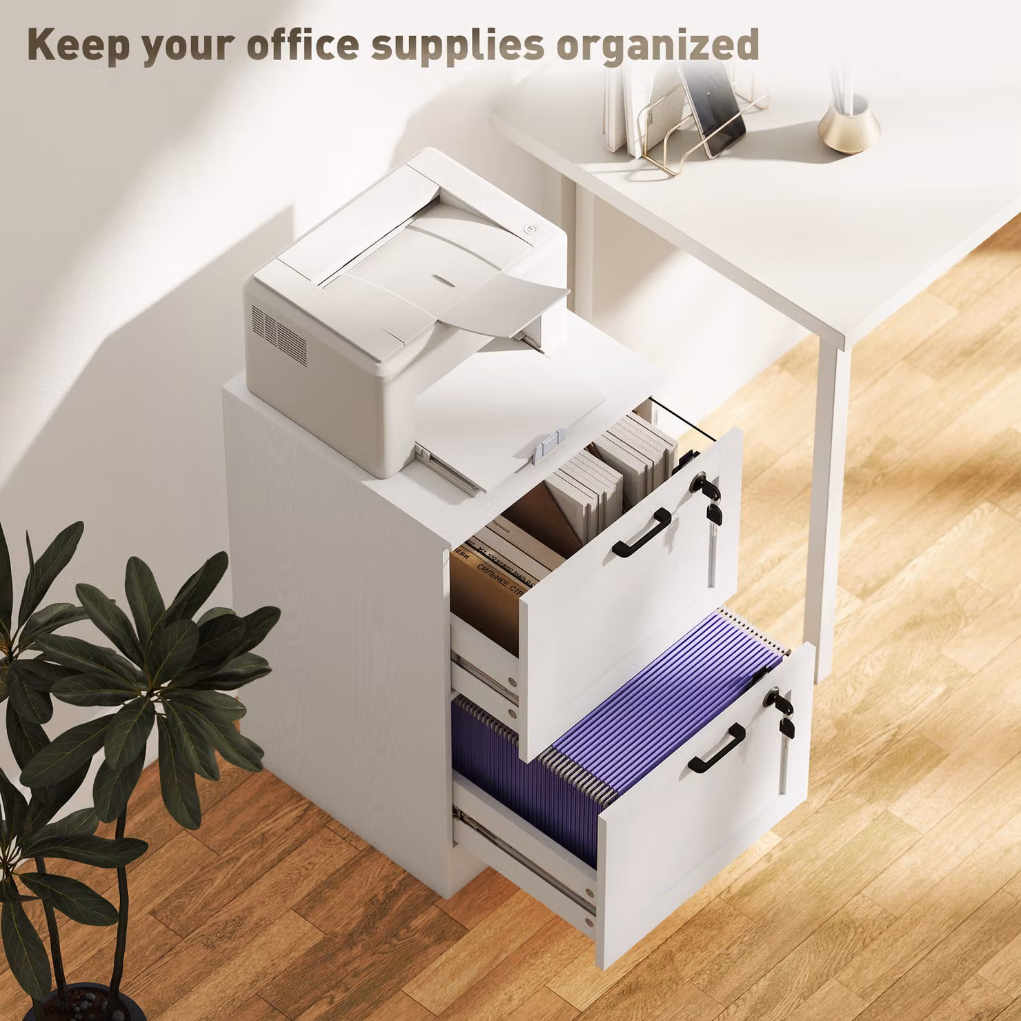 HOMCOM Modern 2-Drawer Filing Cabinet with Lock in White Matt – 3
