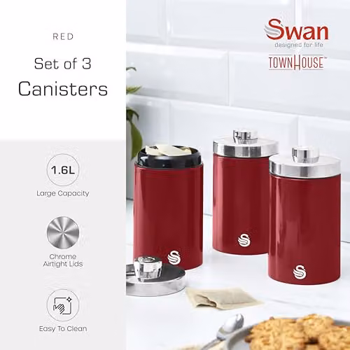 Swan Townhouse Set of 3 Airtight Stainless Steel Storage Canisters, Red – 2