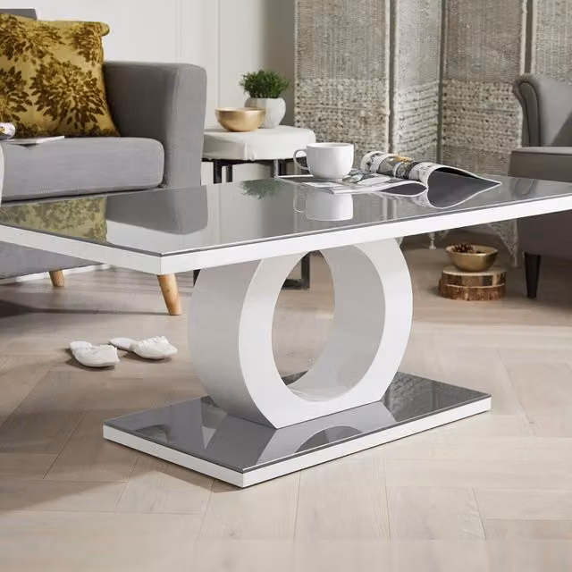 FurnitureboxUK Giovani Rectangular White High Gloss Coffee Table with Glass Top and Grey Halo Structural Plinth Base – 1