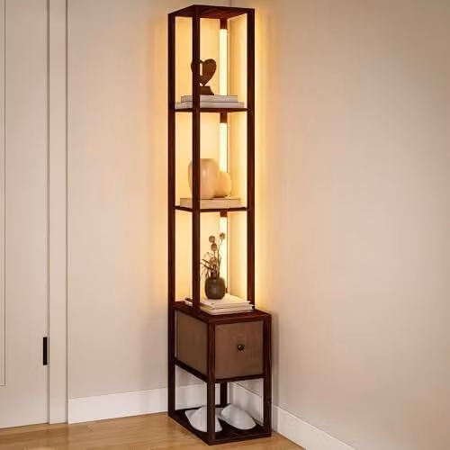 HOMCOM Dimmable LED Floor Lamp with Shelves and Fabric Drawer in Brown – 1