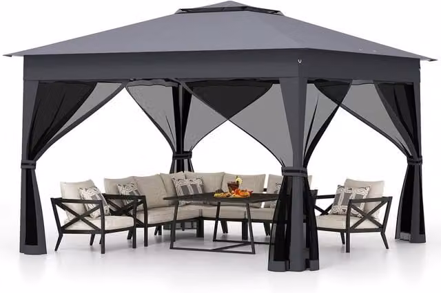 Gymax Pop up Gazebo Height Adjustable Pavilion Canopy Tent, Dark Grey, W: 330 cm, D: 330 cm