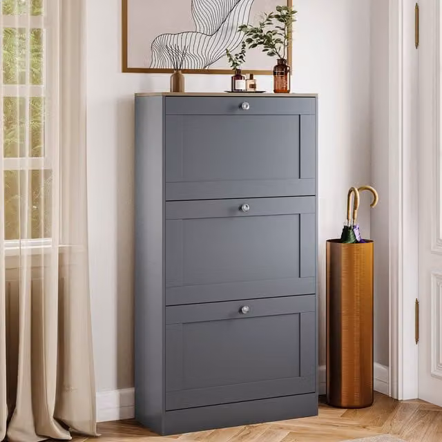 Vida Designs Modern 3 Drawer Shoe Cabinet in White, Grey and Oak, W/D/H: 58 x 24 x 117 cm