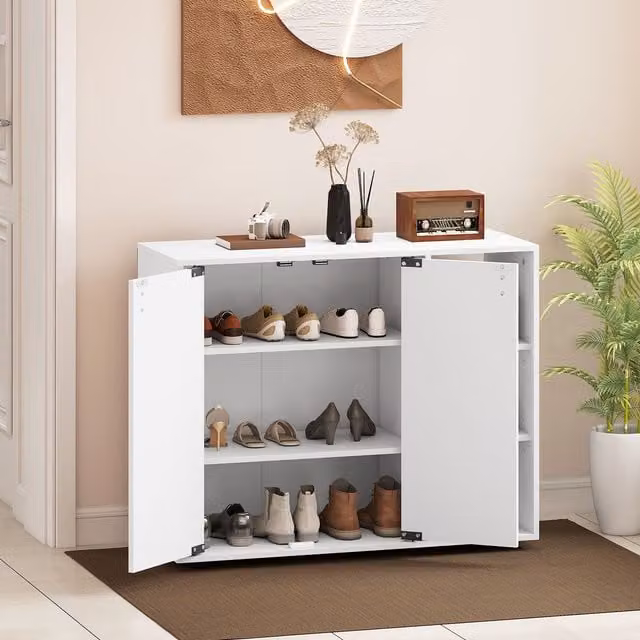 Costway 3-Tier White Wood Shoe Storage Cabinet with Hinged Doors