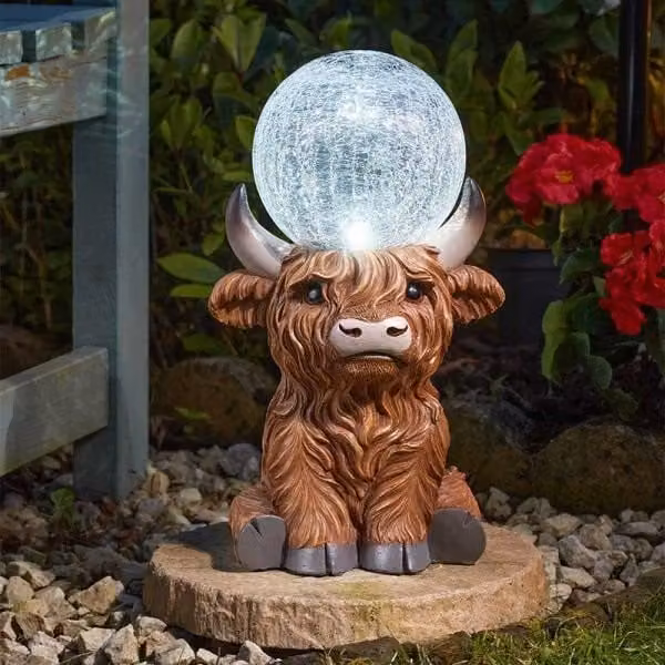 Marco Paul Highland Cow Solar Powered Garden Ornament with Crystal Ball, Multicolour, Height: 36 cm