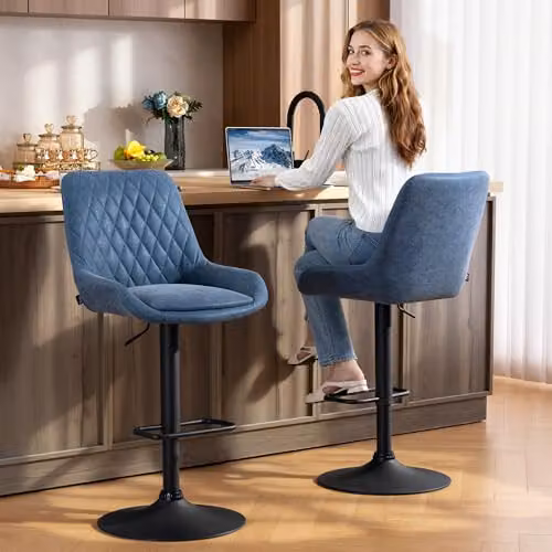 HOMCOM Set of 2 Swivel Height Adjustable Bar Stools in Blue Synthetic Leather with Metal Base – 8