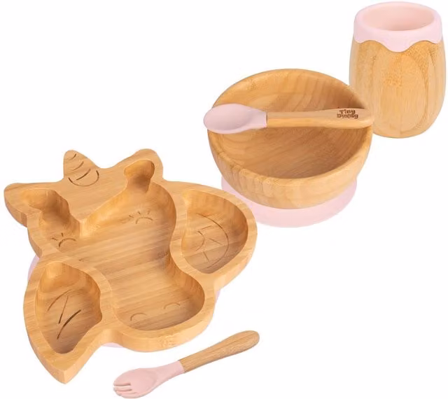 Tiny Dining 5pc Bamboo and Silicone Unicorn Baby Weaning Set in Pastel Pink