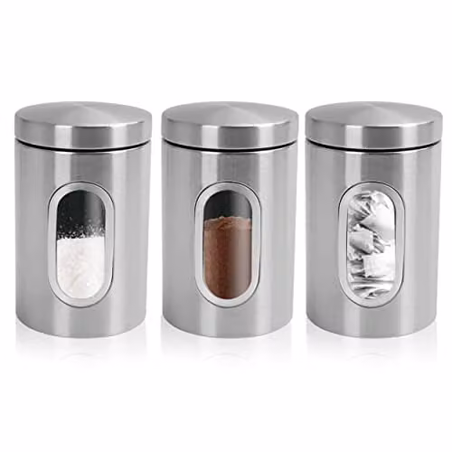 Top 3 Silver Stainless Steel 3 Piece Kitchen Canister Set with Airtight Lids for Tea, Coffee and Sugar