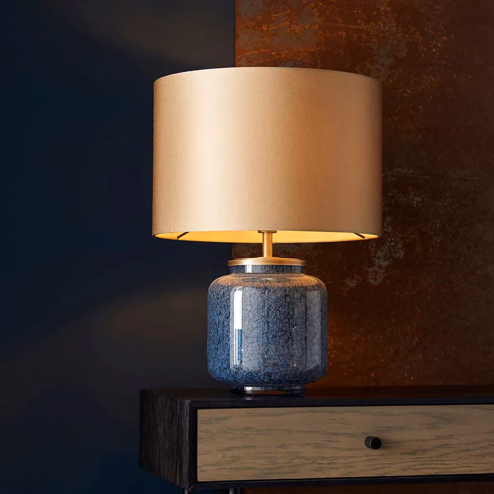 Loops Table Lamp with Blue Glass Base and Gold Fabric Shade – 2