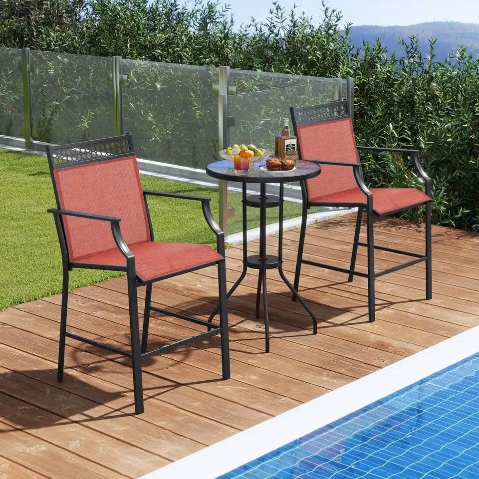 Costway Set of 2 Modern Red Metal Outdoor Patio Counter Height Chairs with Footrest – 3