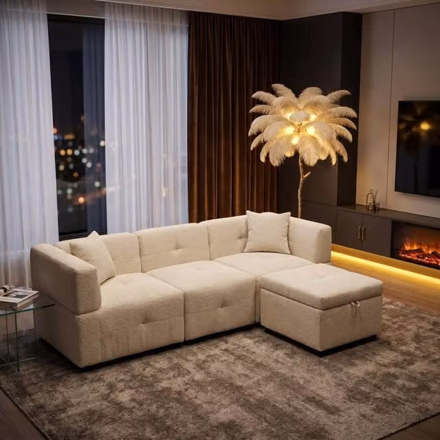 FENCHILIN L-Shaped Reversible Corner Sofa with Movable Storage Ottoman and Scatter Cushions in Beige – 1
