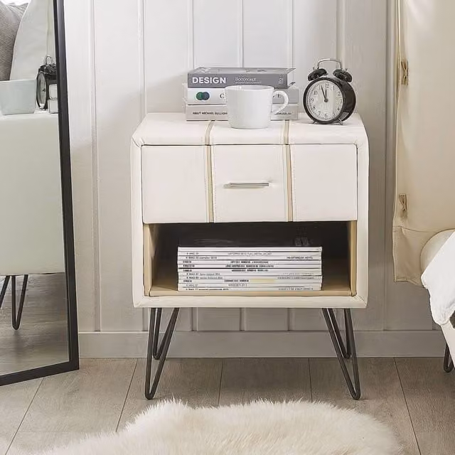 Wyld and Coco White Faux Leather Bedside Table with Metal Hairpin Legs – 1