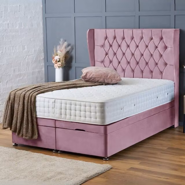 BSSPOKE Amelia Small Double Ottoman Divan Bed in Pink Plush Velvet with 54 inch Headboard