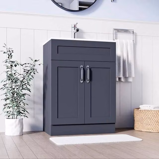 FORGEVIO Modern Grey Matt Freestanding Bathroom Basin Vanity Unit with Hinged Doors and Internal Shelves, Width: 60 cm
