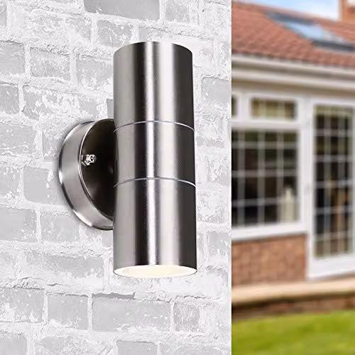 MiniSun Modern Brushed Chrome Up/Down Outdoor Security Wall Light with LED Dusk to Dawn Sensor Bulbs, 4000K Neutral White, IP44 Rated – 3