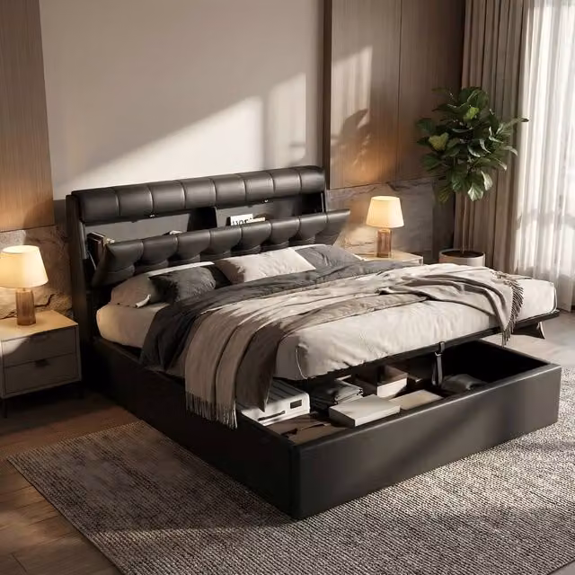 ModernLuxe Upholstered Double Bed with Hydraulic Storage and Headboard in Black Synthetic Leather, W/D/H: 140 x 200 x 135 cm – 1