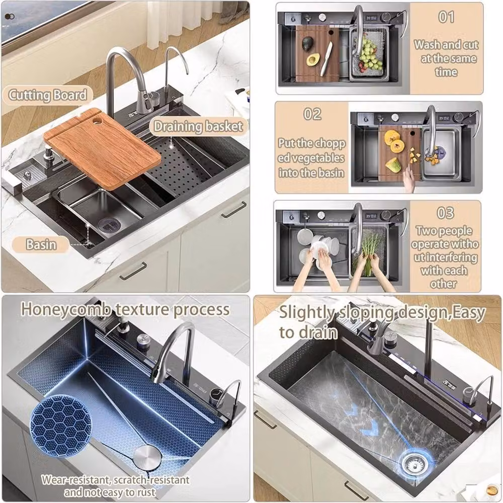SPETLEK Black Stainless Steel Waterfall Kitchen Sink, W: 100 cm, D: 52 cm – 5