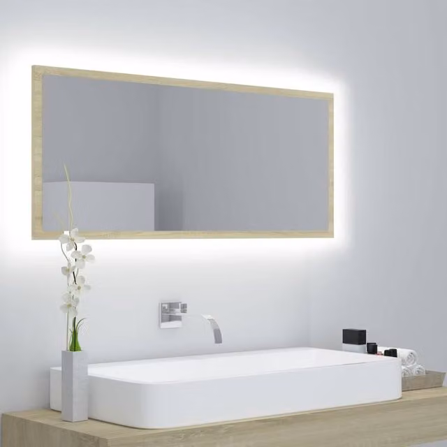 Berkfield Home LED Bathroom Mirror in Sonoma Oak Beige, W: 100 cm, D: 8.5 cm, H: 37 cm