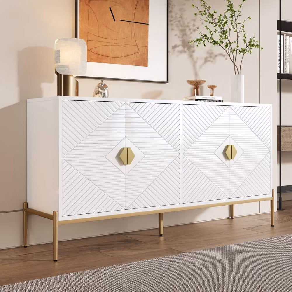 BTM Mid-Century Modern Geometric Sideboard Cabinet in White and Gold for Living and Dining Rooms, W: 162 cm, H: 80 cm, D: 40 cm – 2