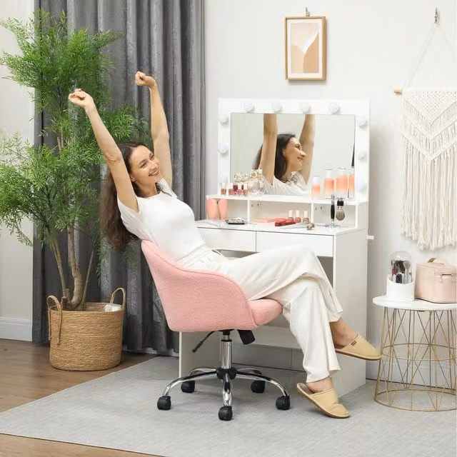 HOMCOM Pink Fabric Task Chair with Armrests and Castors for Home Office