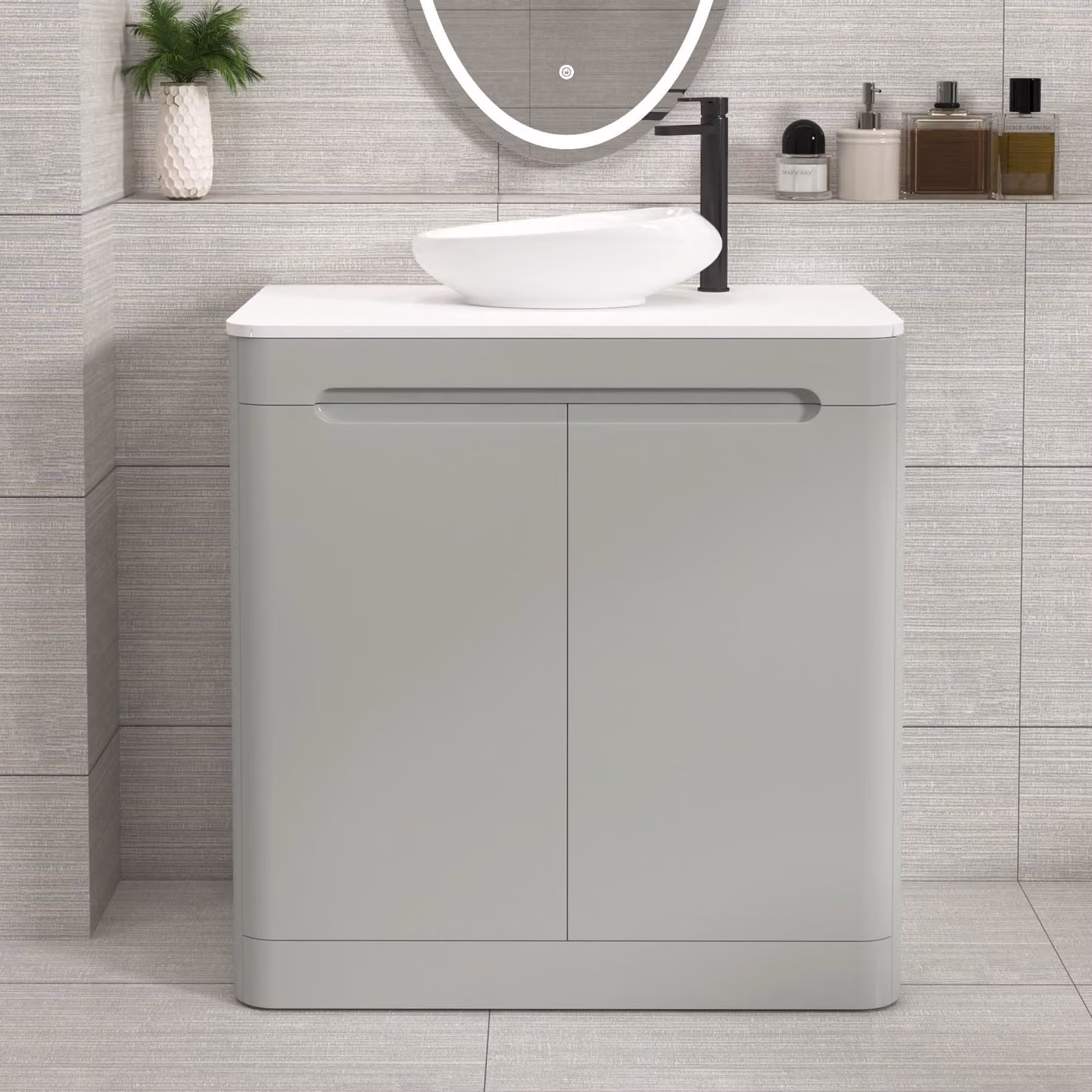 Royal Bathrooms Venice 800mm Floor Standing 2 Door Vanity Unit in Dove Grey with Plain White Worktop and Nova Basin