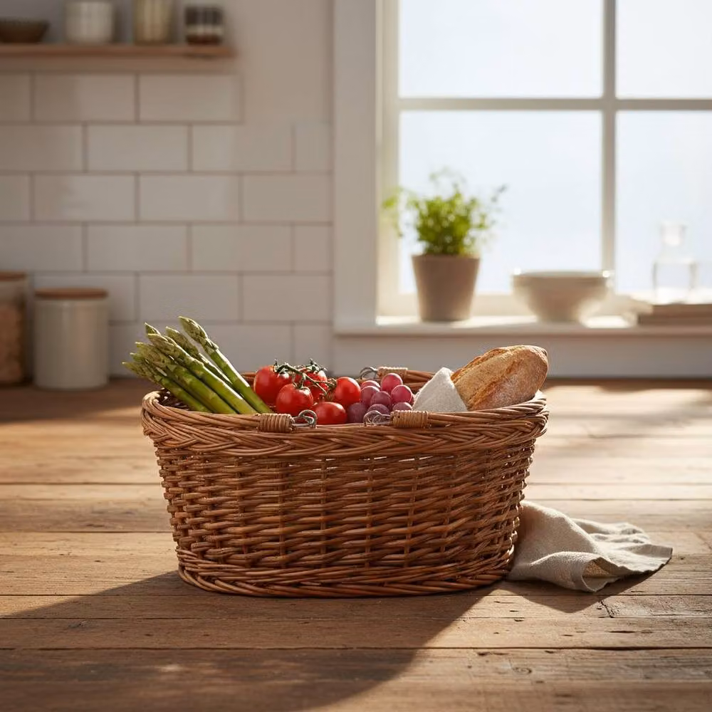 Red Hamper Wicker Oval Swing Handle Shopping Basket in Brown and Red – 2