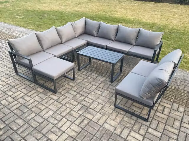 Fimous 10 Seater Aluminium L-Shape Garden Lounge Corner Sofa Set with Oblong Coffee Table and Ottoman in Dark Grey
