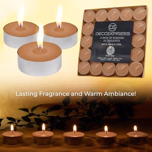 Deco Express Clementine Spice Scented Tealight Candles, 25 Pack, Beige – 6
