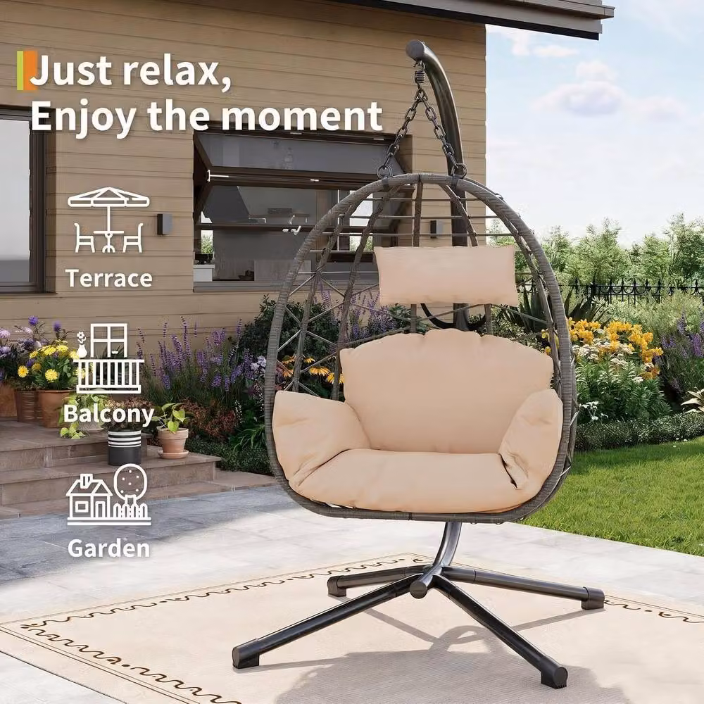 London Boutique Hanging Egg Chair with Stand, Cushions and Rain Cover in Beige – 7