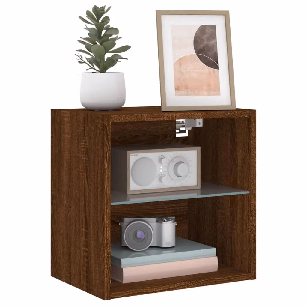 Berkfield Home Set of 2 Wall-mounted Bedside Cabinets with Integrated LED Lights in Brown Oak – 3