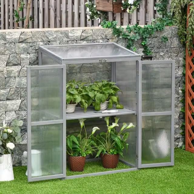 Outsunny Wood and Polycarbonate Cold Frame Greenhouse in Light Grey, W/D/H: 76 x 47 x 110 cm – 1