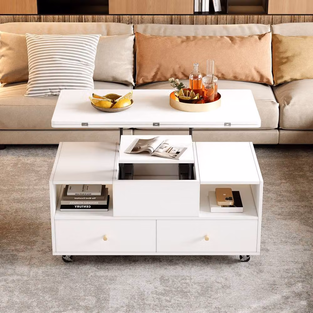 Merax Extendable Lift Top Coffee Table with 4 Drawers and Castors, White – 3