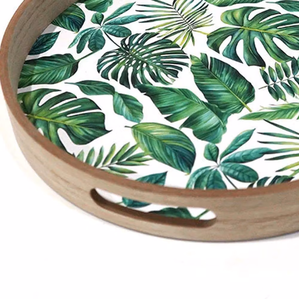Voltico Round Wooden Garden Serving Tray with Green Floral Leaf Print, Diameter: 35 cm – 3