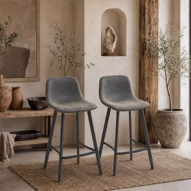 Wyld Haus Nora Set of 2 Grey Faux Leather Bar Stools with Back and Foot Support
