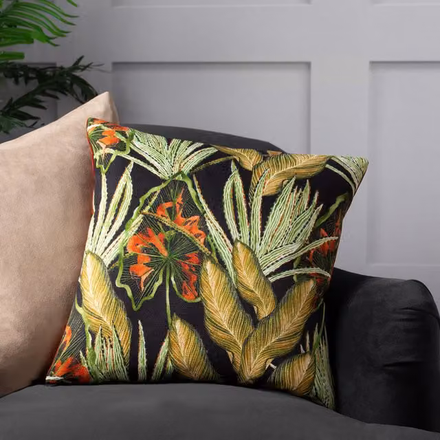 Make it a Home Mogori Abstract Leaves Digitally Printed Velvet Cushion in Multicolour Orange and Black